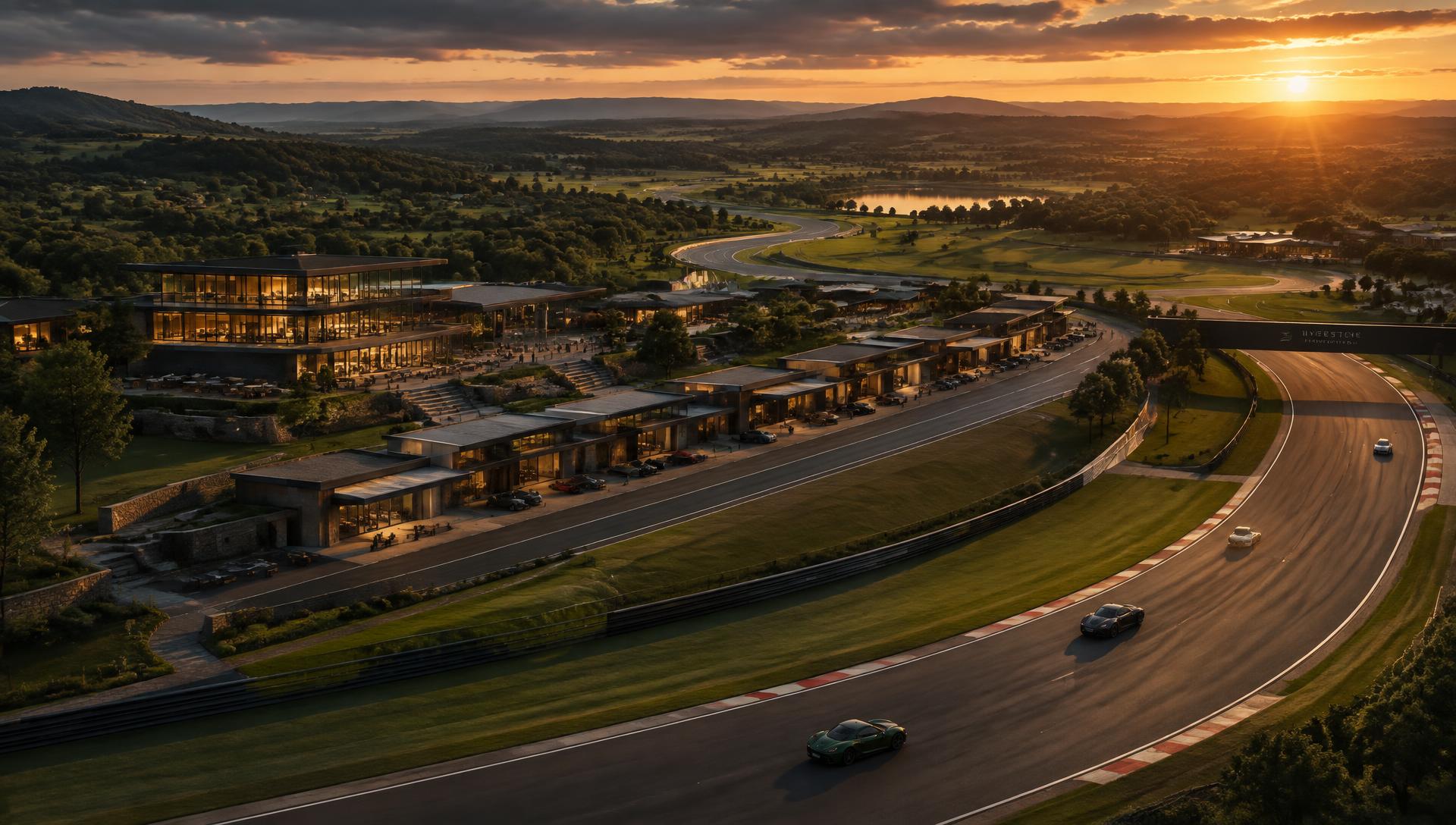 Aerial view of a private motorsport country club road course at sunset with trackside garages